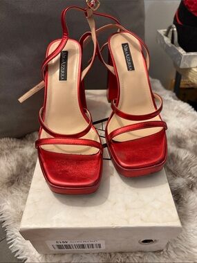 Nina Azzurra Red Satin Platform Sandals with Ankle Strap